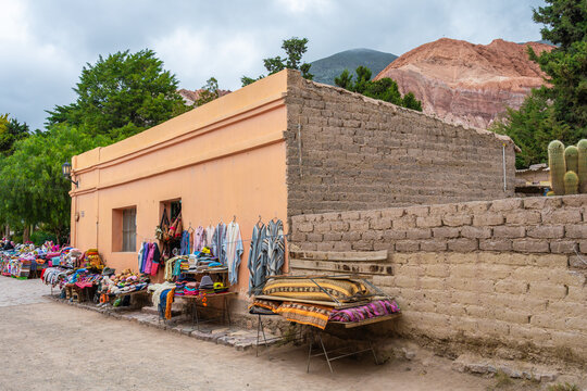 Street market and adobe homes in Purmamarca, Argentina