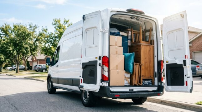 Moving day van packed with boxes and furniture, ready for transport on a suburban street