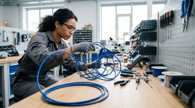 Focused technician untangling electrical wire in a modern workshop, precision work with tools and pegboard background