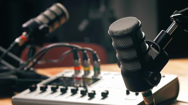 Podcast Live streaming, man radio presenter with microphone, talk show or entertainment. Content creator podcast host in studio for recording audio social media, live concert show. 
