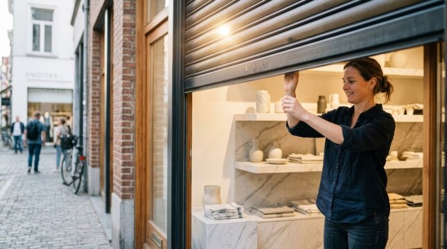Woman closing shop rolling shutter in bright retail store interior, lifestyle, copy space on right