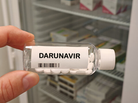 DARUNAVIR protease inhibitor antiretroviral for HIV infection bottle with tablets in pharmacy