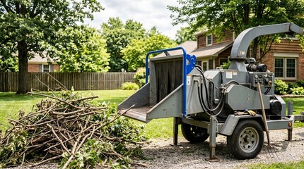 Fototapeta premium Industrial wood chipper processing branches in a sunny residential backyard, preparing for landscaping or debris removal