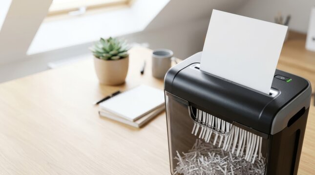 Paper shredder destroying document in a clean, modern office workspace with natural light and copy space