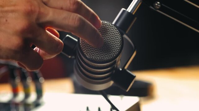 Podcast Live streaming, man radio presenter with microphone, talk show or entertainment. Content creator podcast host in studio for recording audio social media, live concert show. 