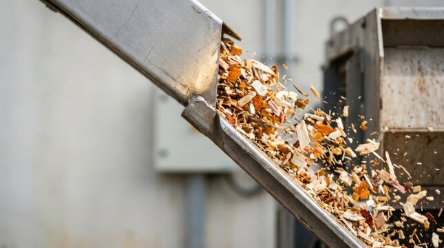 Wood chips spilling from industrial shredder chute in close-up, suggesting recycling, sustainability, and manufacturing processes.