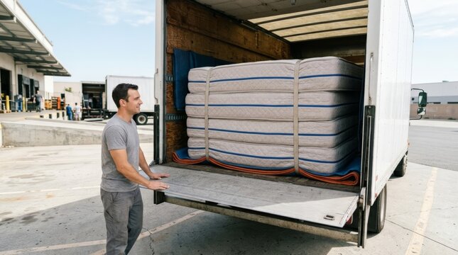 Man loading stacked mattresses onto a delivery truck for moving and relocation services, vibrant lifestyle scene.