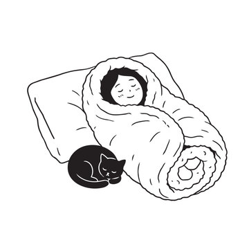 Funny Lazy Girl Rolled in Blanket Burrito Doodle Illustration