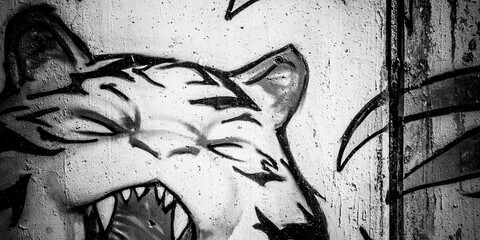 Gritty Tiger Graffiti, Black and White Urban Wall Art, Street Style © M Yusril Hadi