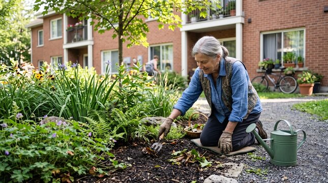 Older resident tends native plants in a courtyard rain garden