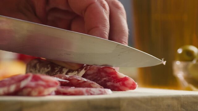 Mix of spanish pork sausages, Cutting board of appetizing catalonian snack - fuet, jamon, chorizo, olives, supermarket tapas food in spain, traditional cuisine. 