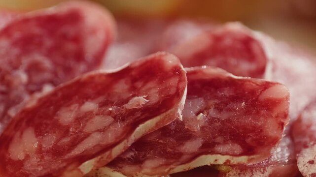 Mix of spanish pork sausages, Cutting board of appetizing catalonian snack - fuet, jamon, chorizo, olives, supermarket tapas food in spain, traditional cuisine. 