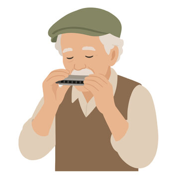 Hand-drawn vector illustration of a cheerful senior grandfather playing harmonica with closed eyes, wearing olive flat cap, white mustache, beige shirt, brown vest