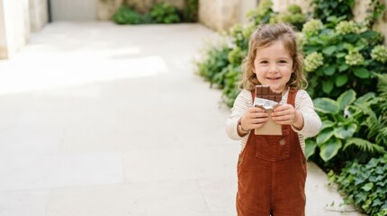 Fototapeta premium Happy child eating chocolate bar in sunny outdoor courtyard, smiling towards camera with copy space