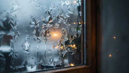 Fototapeta premium Frosty window pane with intricate ice crystals and condensation, illuminated by soft golden light from a warm interior setting in winter