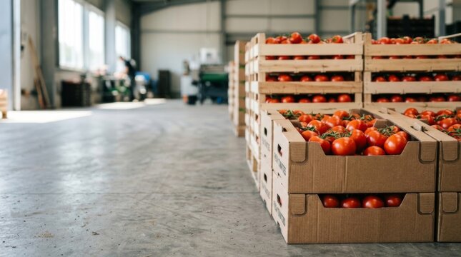 Ripe red tomatoes stacked in cardboard crates
