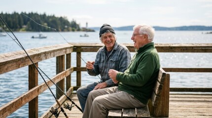 Fototapeta premium Two senior friends laugh while fishing on a wooden pier, enjoying a sunny day by the water