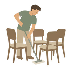 Fototapeta premium Hand-traced flat vector illustration of a man mopping the floor around dining chairs with a sponge mop, cleaning service concept icon