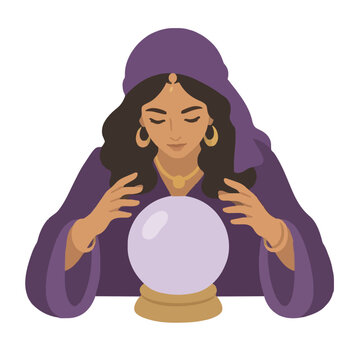 Mystical fortune teller in a flowing purple hooded robe gazing into a glowing crystal ball, hand-traced vector illustration featuring elegant gold jewelry and serene closed eyes