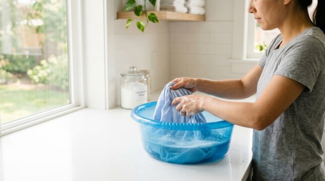 Woman hand washing a blue striped shirt in a basin of soapy water, laundry room with window light