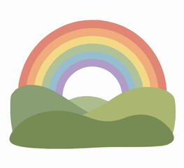 Obraz premium Hand-traced vector illustration of a soft pastel rainbow arching gracefully over layered rolling green hills, featuring a serene countryside landscape in flat minimalist style