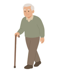 Fototapeta premium Elderly gentleman walking with wooden cane, flat hand-traced vector illustration in soft pastel colors showing senior male with white hair and friendly smile