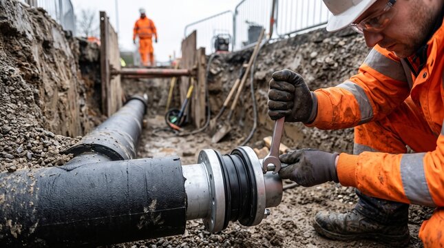Technician checks an insulated pipe coupling inside a service pit