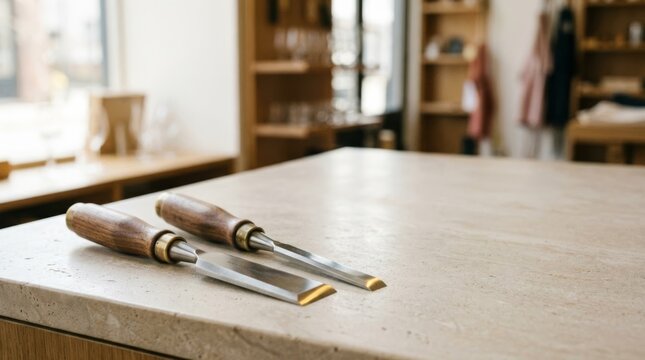 Two premium wood-handled chisels on a stone counter with ample copy space, ideal for craftsmanship and DIY projects