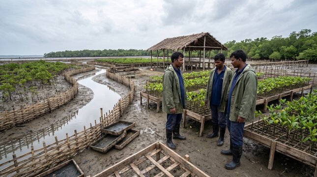 Conservation workers tend a coastal mangrove nursery in India