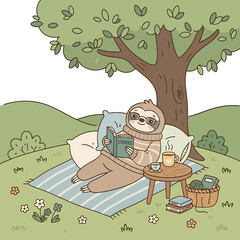 Fototapeta premium Cute sloth reading a book while relaxing under a tree in the meadow.