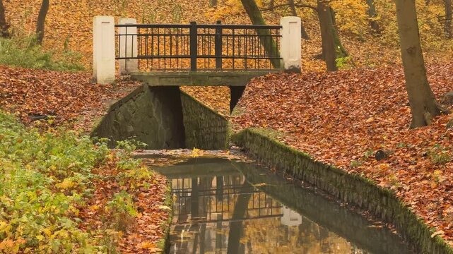 Water channel and bridge integrated into an urban park landscape. Ideal visual for sustainable city planning, environmental design and public infrastructure projects.