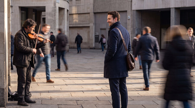 Morning Commuter Pauses Beside Street Violinist Along Pedestrian Arcade