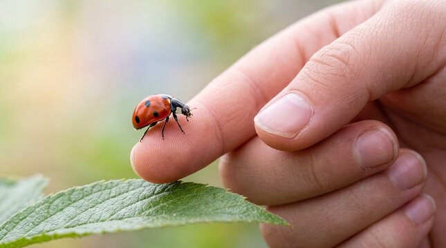 Extreme macro close up of red ladybug walking on human finger over green leaf outdoors