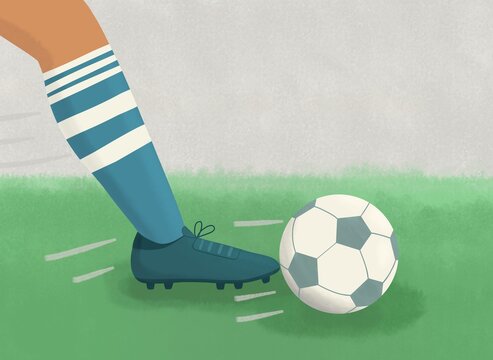 Soccer field with ball and goal in watercolor illustration