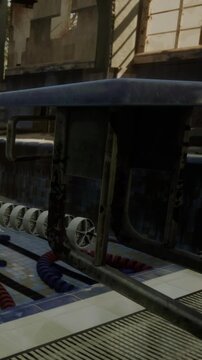 A worn structure with parts of machinery shows signs of age in a construction zone. Abandoned buildings surround the area. The setting indicates work is incomplete.