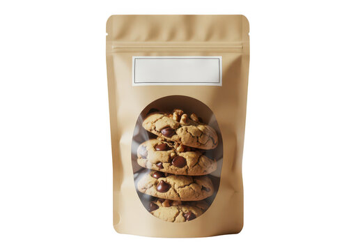 Brown paper bag with cookies and milk isolated on transparent background