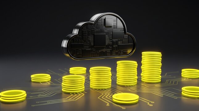 Cloud Computing and Digital Finance Concept with Stacks of Glowing Coins and Circuit Board Cloud Icon on Dark Background