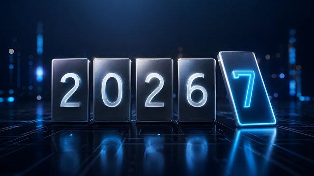 Futuristic Neon Year 2026 to 2027 Transition on Glowing Digital Technology Background