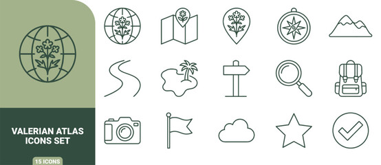 Fototapeta premium Valerian atlas icons set featuring line symbols for travel, geography, maps, navigation, and nature line atlas