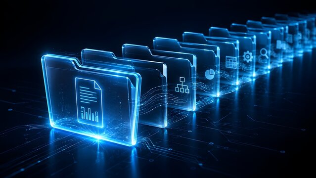 Digital Document Management System with Glowing Blue Folders and Business Analytics Icons