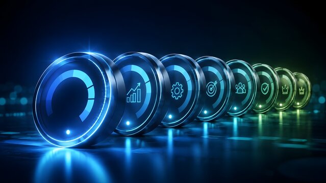 Glowing Futuristic Business Progress Dials with Success and Strategy Icons in Cyber Space