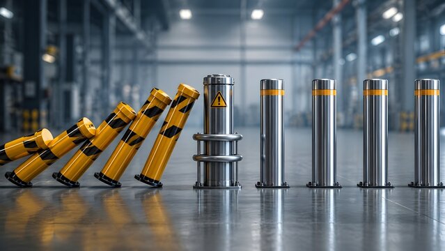 Industrial Safety Concept with Sturdy Steel Bollard Stopping Falling Striped Warning Pillars