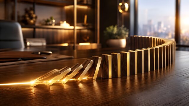 Golden Wooden Dominoes Falling on Office Desk Business Chain Reaction Risk Management Concept