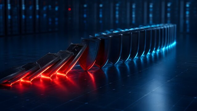 Cyber Security Failure Concept with Falling Metallic Shields as Dominoes in Glowing Dark Server Room
