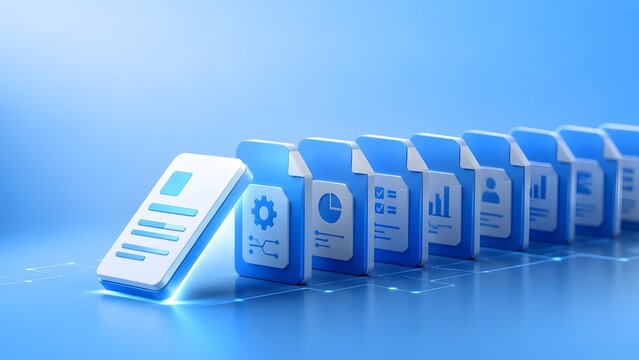 Business Document Management System Chain Reaction with Falling File Icons in Blue Workspace