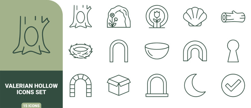Valerian hollow icons set featuring green line outlines of trees, arches, shells, and nests