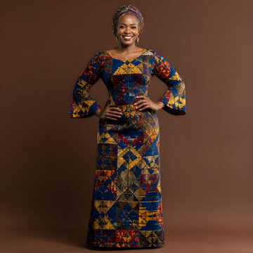 Elegant African Woman in Colorful Ankara Maxi Dress and Head wrap Smiling in Studio Portrait