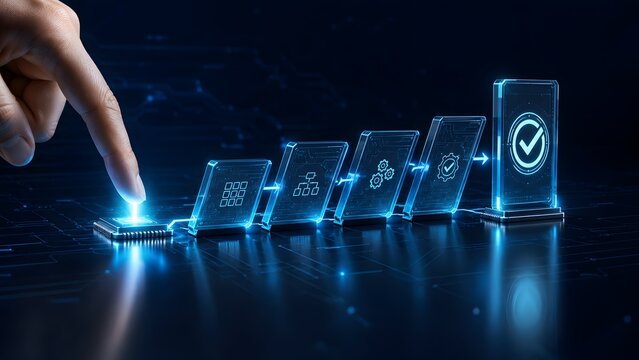 Finger Touching Microchip Initiating Digital Business Process Workflow Chain Reaction Concept