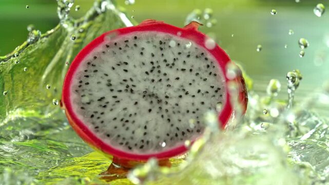 Super Slow Motion Shot of Fresh Pitaya Falling into Water and Making Splash at 1000fps.