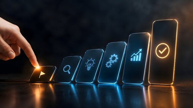 Hand Pushing Domino with Play Icon to Start Business Strategy Idea and Growth Process Chain